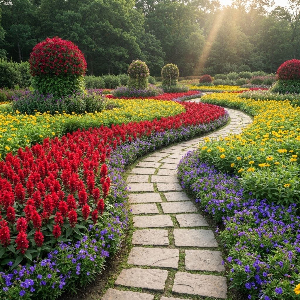 Colorful garden with stone pathway